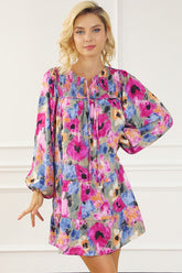 Floral Tie Neck Bubble Sleeve Tiered Shift Dress YNIQUE